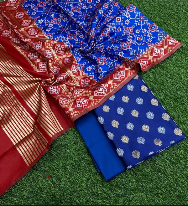 Banarasi Katan Silk Unstitched Suit with patola weaving