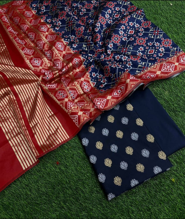 Banarasi Katan Silk Unstitched Suit with patola weaving