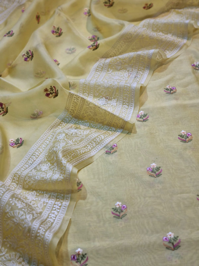 Pure Banarasi Chanderi Silk unstitched suit with  Organza Dupatta