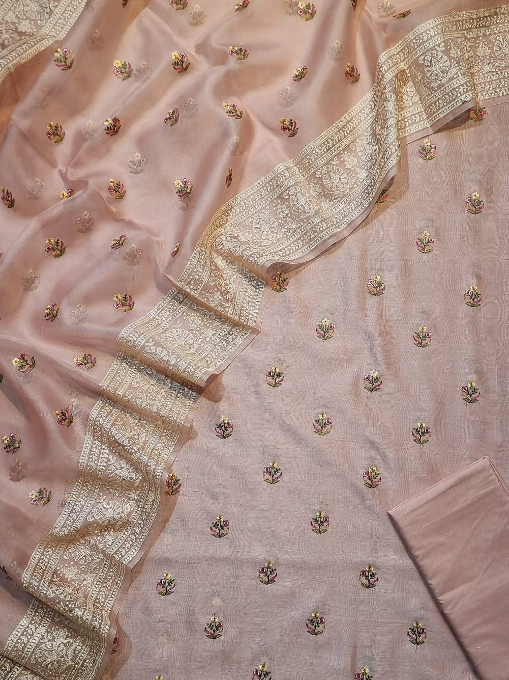 Pure Banarasi Chanderi Silk unstitched suit with  Organza Dupatta