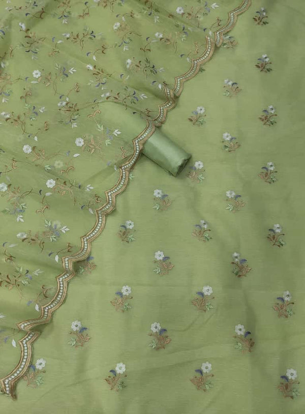 Green Color Pure Banarasi Linen Silk Unstitched Suit