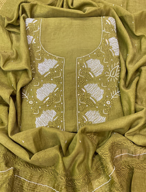 Olive Green Color Pure Mul Mul Chikankari and pearl cutdana Work Unstitched Suit