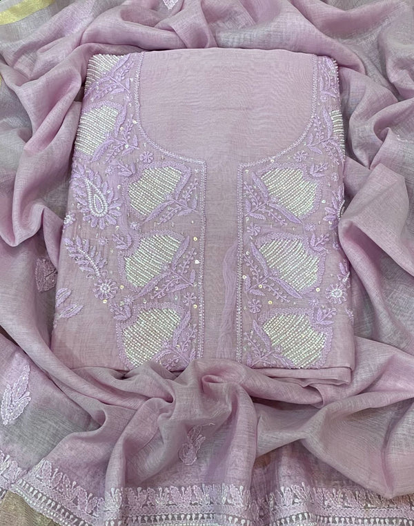 Mauve Color Pure Mul Mul Chikankari and pearl cutdana Work Unstitched Suit