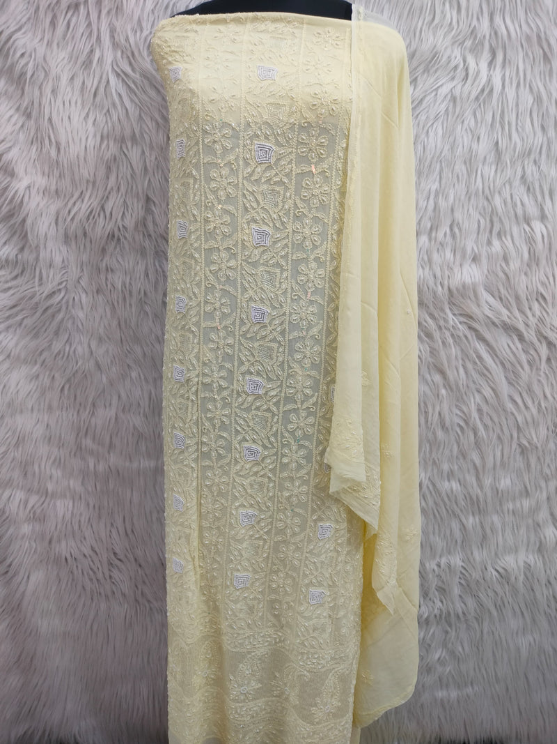 Pure 50 gram Georgette Chikankari and pearl cutdana Work Unstitched Suit