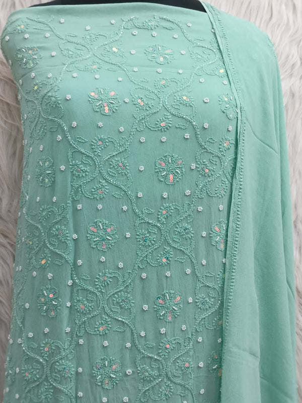 Pure 50 gram Georgette Chikankari and pearl cutdana Work Unstitched Suit