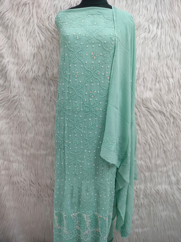 Pure 50 gram Georgette Chikankari and pearl cutdana Work Unstitched Suit