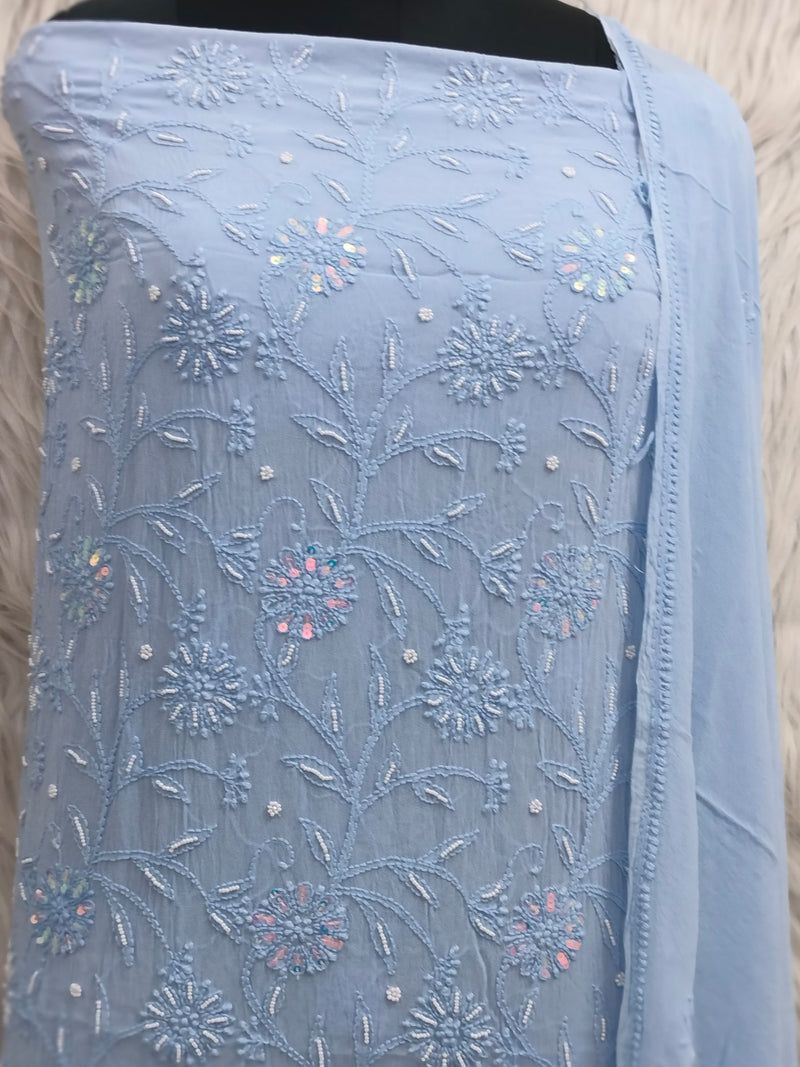 Pure 50 gram Georgette Chikankari and pearl cutdana Work Unstitched Suit