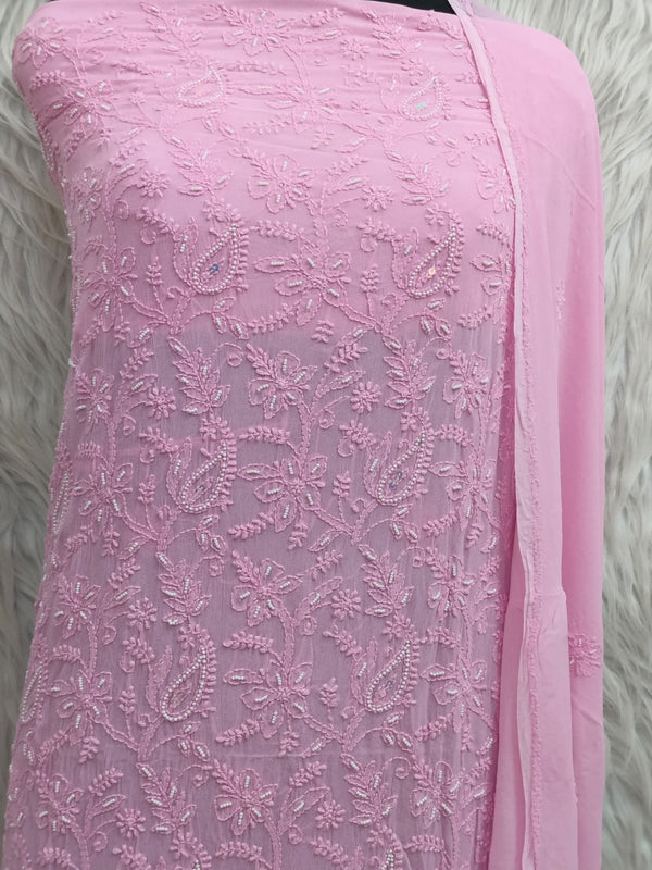 Pure 50 gram Georgette Chikankari and pearl cutdana Work Unstitched Suit