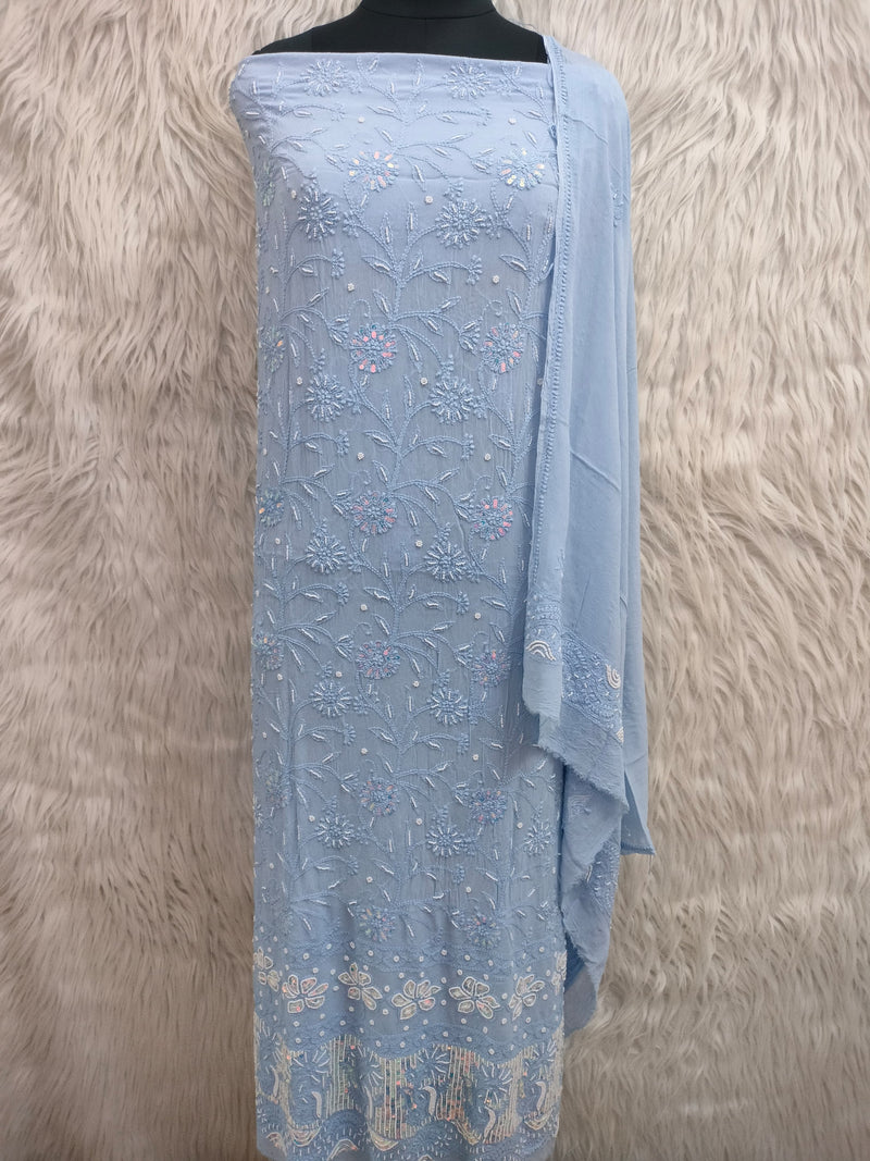 Pure 50 gram Georgette Chikankari and pearl cutdana Work Unstitched Suit