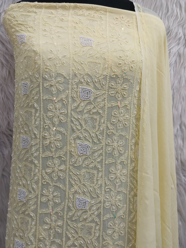 Pure 50 gram Georgette Chikankari and pearl cutdana Work Unstitched Suit