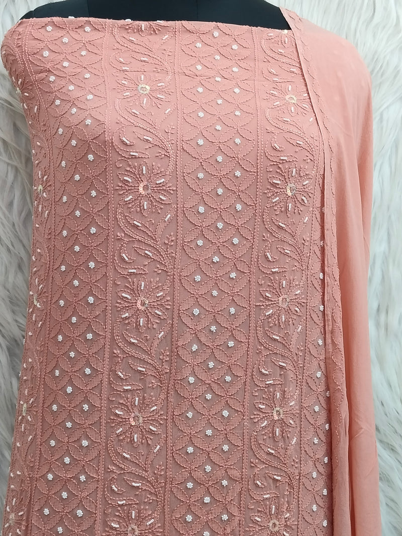 Pure 50 gram Georgette Chikankari and pearl cutdana Work Unstitched Suit