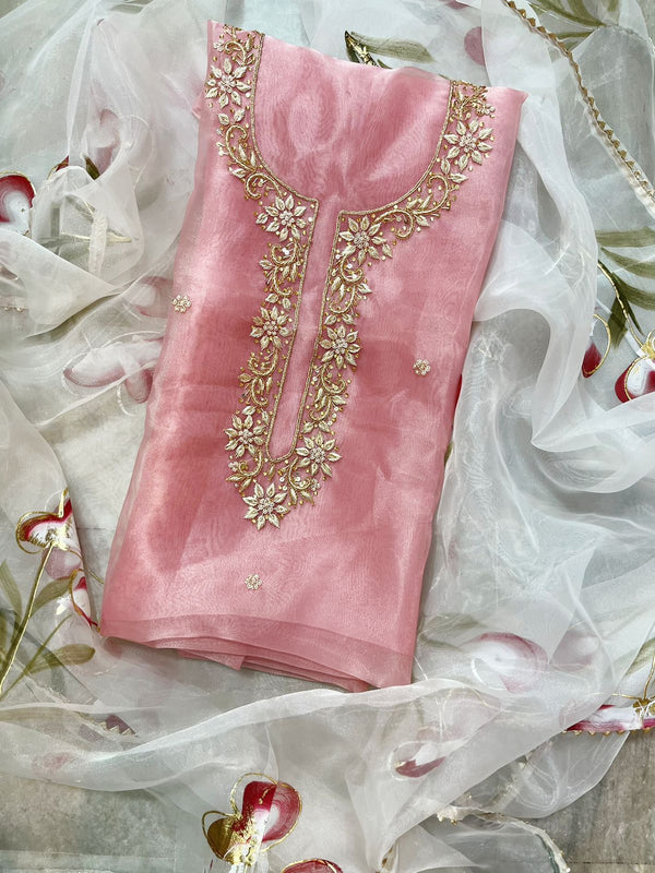 Organza Hand work unstitched kurta and dupatta with zardosi work