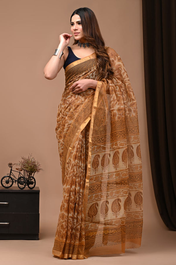 Pure Cotton Kota Doriya Block Print Saree With Blouse