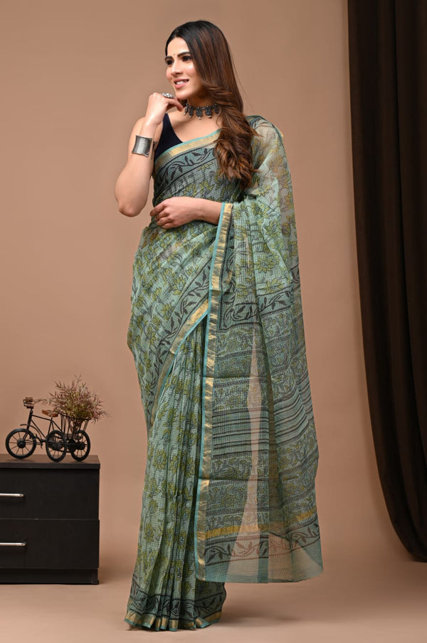 Pure Cotton Kota Doriya Block Print Saree With Blouse