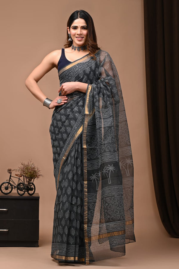 Pure Cotton Kota Doriya Block Print Saree With Blouse