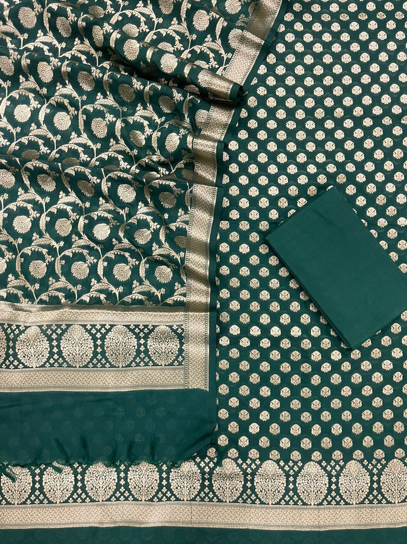 Green Color Pure Banarasi Katan Silk Georgette Unstitched Suit