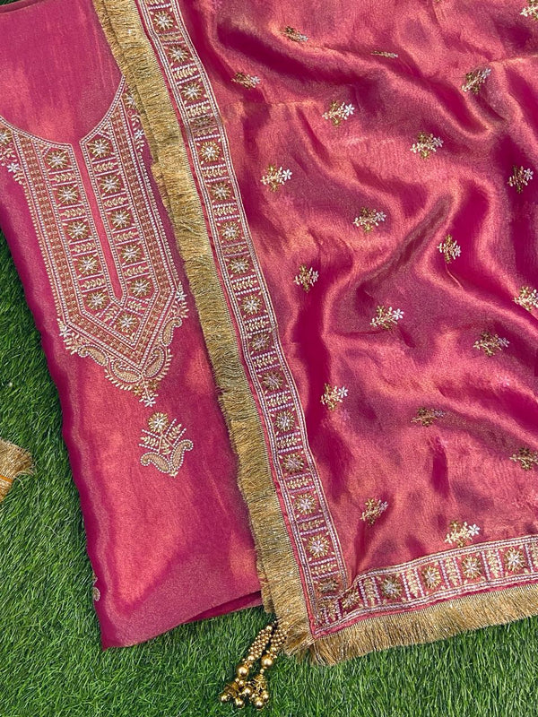 Pure Banarasi Kora Tissue Silk Unstitched Suit with beautiful Neck embeoidery | LIMITED EDITION |