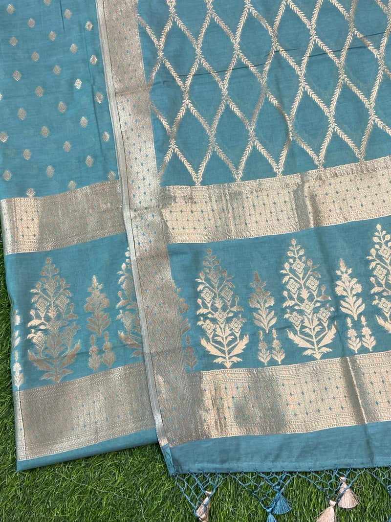 Pure Banarasi Chanderi Silk Resham Zari Weaved Unstitched Suit | Sky Blue |