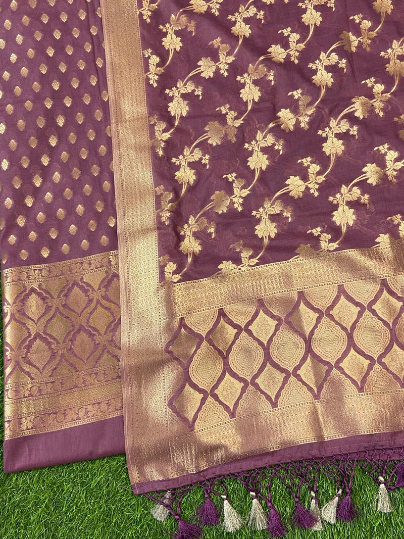 Pure Banarasi Chanderi Silk Resham Zari Weaved Unstitched Suit | Wine |