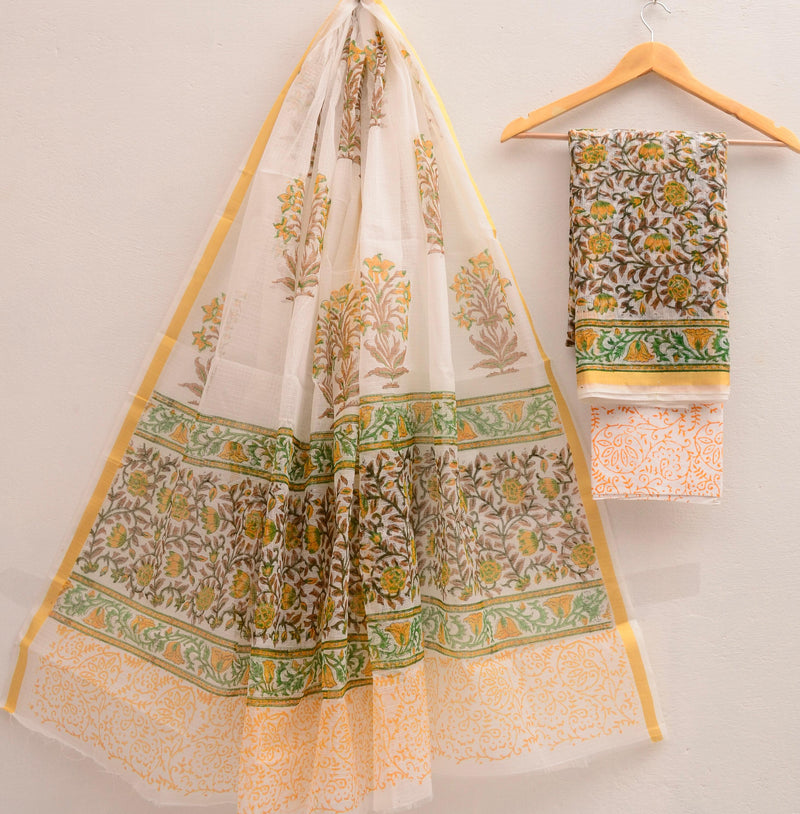 Exclusive Pure Hand Block Print Kota Doria Unstitched Suit set