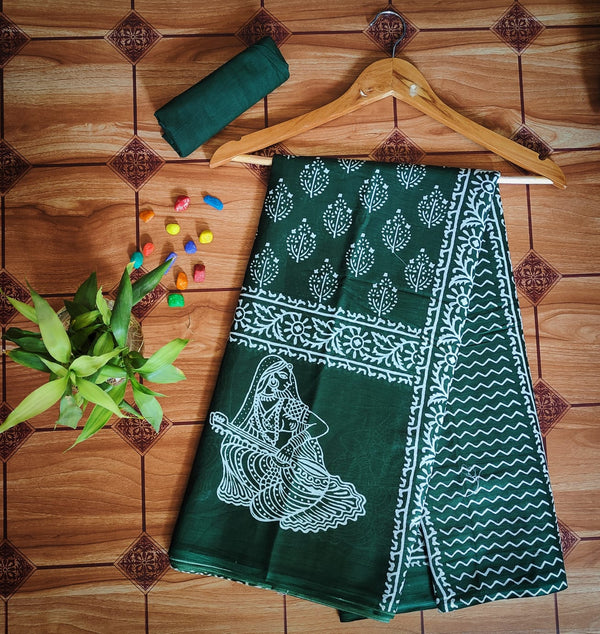 Pure  Mul cotton Hand Block Priny saree with Blouse.