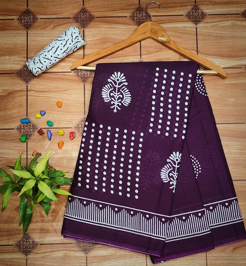 Pure  Mul cotton Hand Block Priny saree with Blouse.