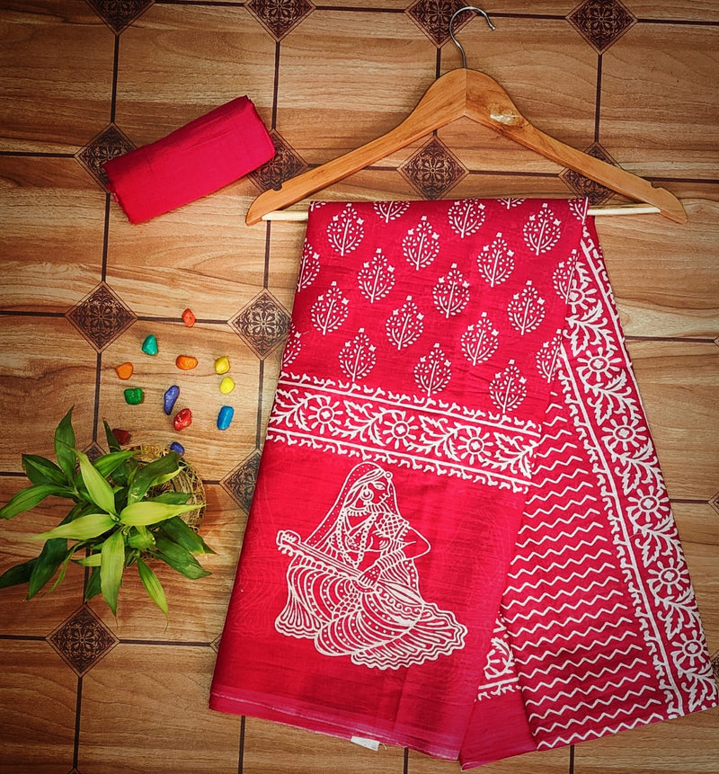 Pure  Mul cotton Hand Block Priny saree with Blouse.