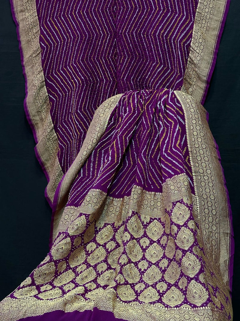 Pure Khaddi Chiffon Georgette with real metallic tested zari handwoven saree with full RAEE BANDHEJ WORK