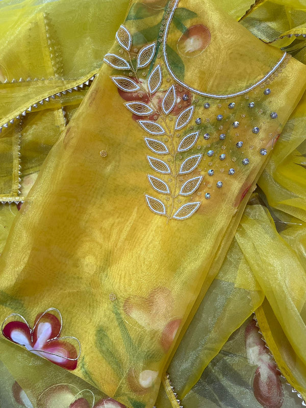 Organza Hand brush painted unstitched kurta and dupatta with moti work