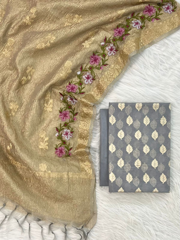 Banarasi Chanderi Silk Unstitched Suit with Tissue Dupatta