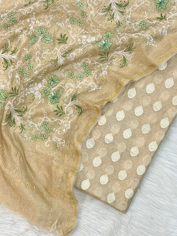 Banarasi Tissue Silk Unstitched Suit with Tissue Dupatta