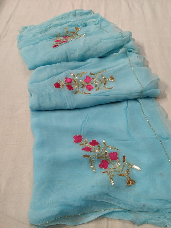 Sky Blue color Pure Jaipuri Chiffon Hand Work Saree