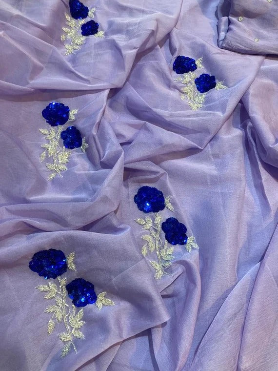 Lavender Color Pure Jaipuri Chiffon Hand Work Saree