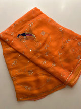 Shaded Orange Color Pure Jaipuri Chiffon Hand Work Saree