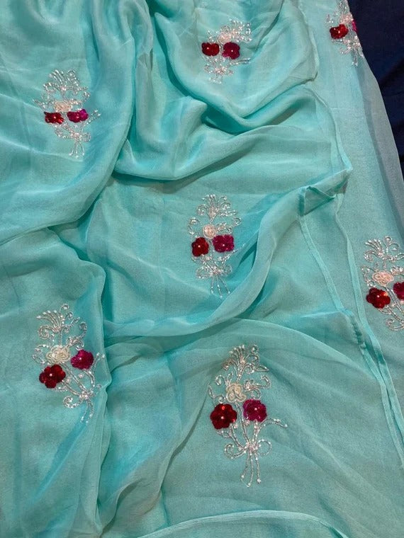 Sky Blue Color Pure Jaipuri Chiffon Hand Work Saree