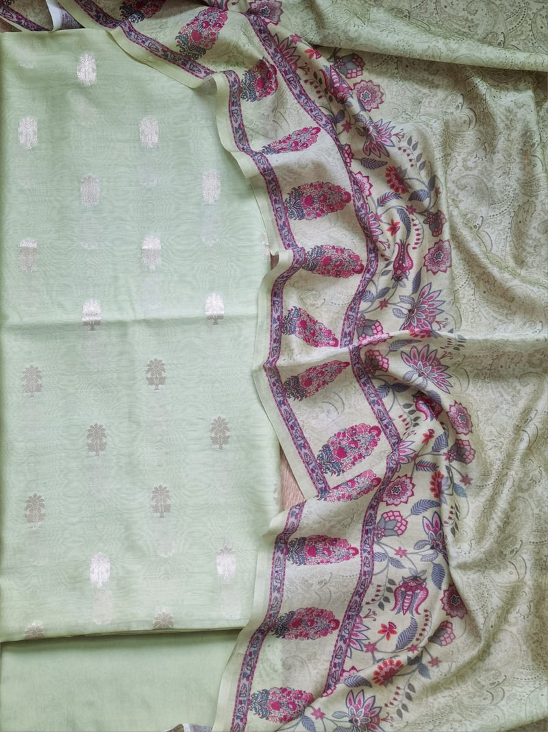 Exclusive banarasi chanderi silk zari weave suit paired with chanderi silk printed dupatta.