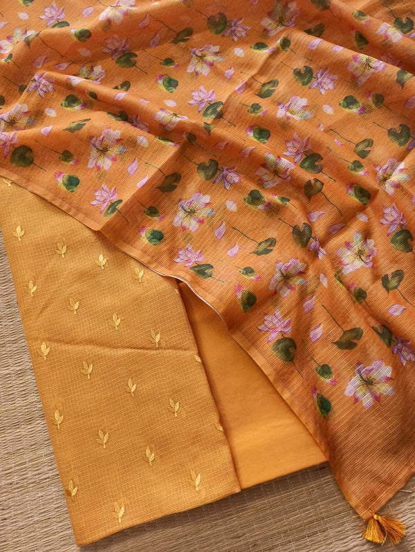 Exclusive Pure Kota Doria Digital Printed Dupatta 3pc unstitched suit |Mustard Color|