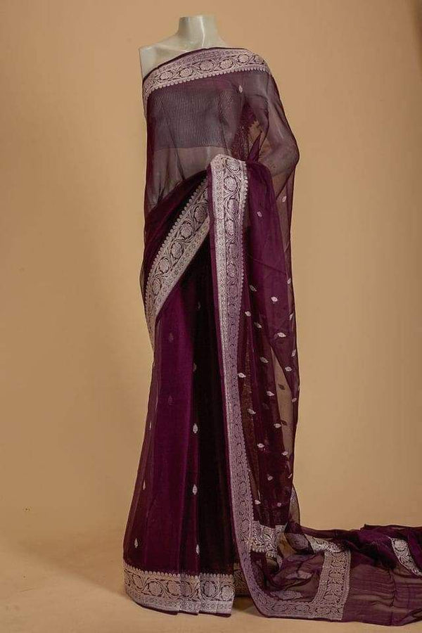 Pure Hand loom  Khaddi Georgette Saree with Silver Zari Weaving blouse