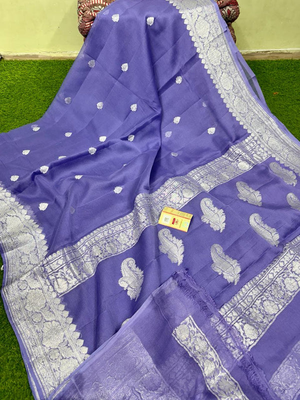 Pure Handloom Khaddi Chiffon Georgette Saree with Silver Zari Weaving blouse | PURPLE |