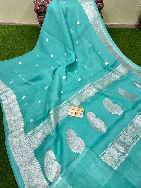 Pure Handloom Khaddi Chiffon Georgette Saree with Silver Zari Weaving blouse | TURQUOISE |