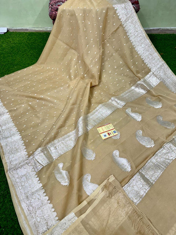 Pure Handloom Khaddi Chiffon Georgette Saree with Silver Zari Weaving blouse | BEIGE |