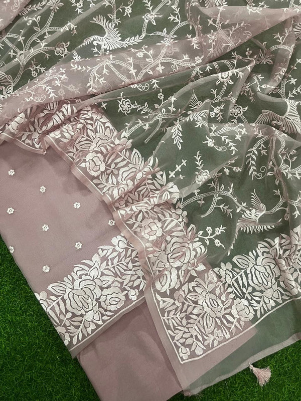 Pure Banarasi Organza Unstitched Suit with Parsi Gara Work