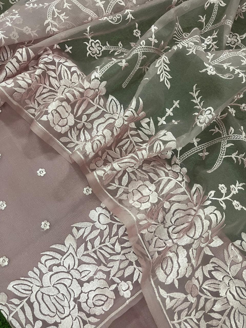 Pure Banarasi Organza Unstitched Suit with Parsi Gara Work