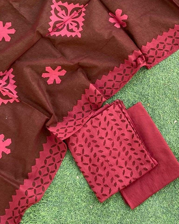 Pure Cotton Applique Work Unstitched Suit With Cotton Applique Work Dupatta.