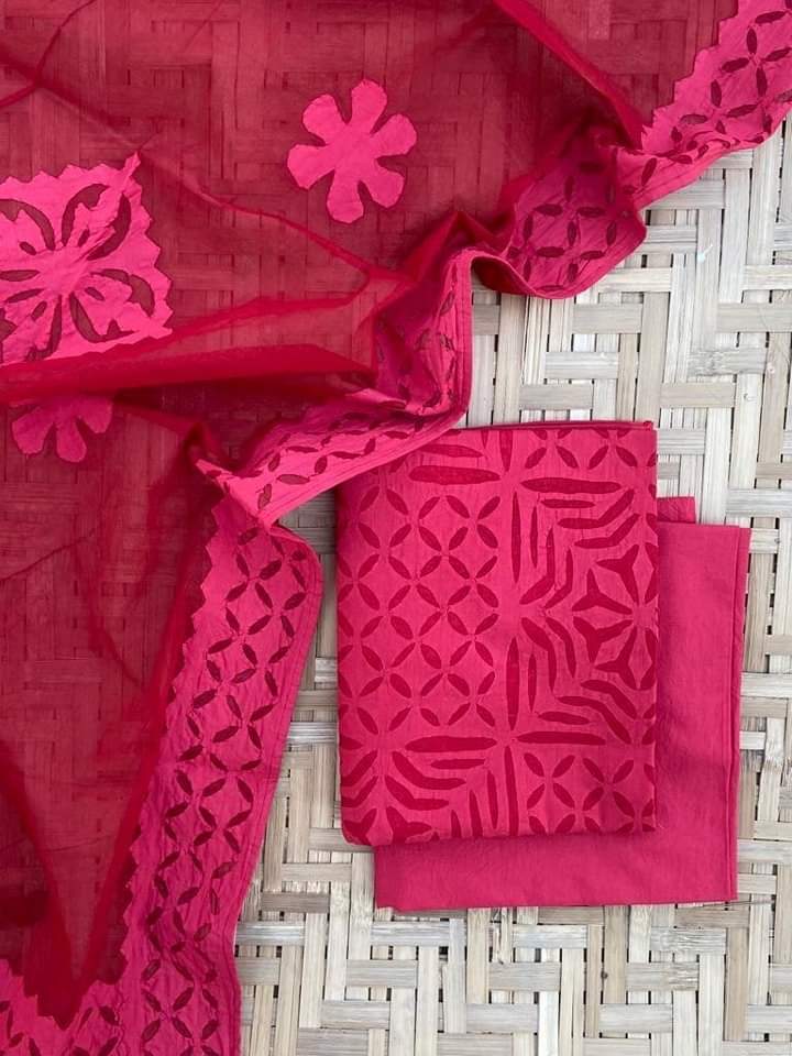 Pure Cotton Applique Work Unstitched Suit With Cotton Applique Work Dupatta.