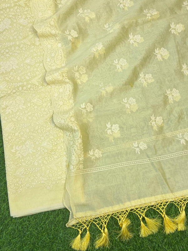 Exclusive banarasi chanderi silk zari weave suit paired with chanderi silk embroidered dupatta.