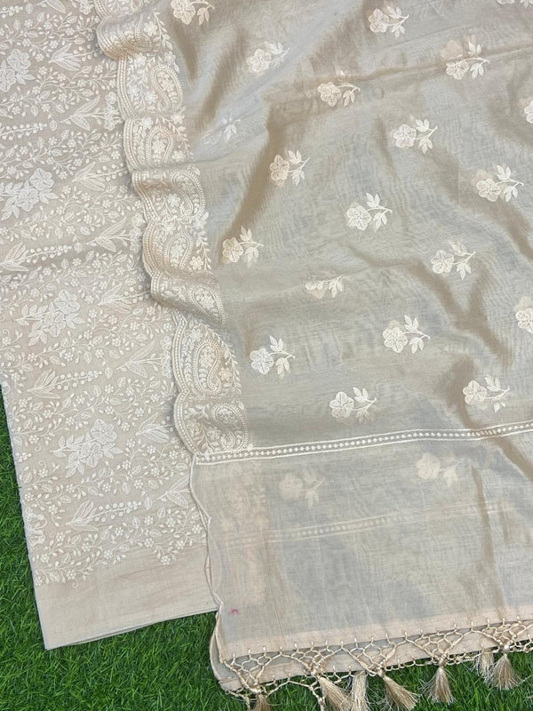 Exclusive banarasi chanderi silk zari weave suit paired with chanderi silk embroidered dupatta.