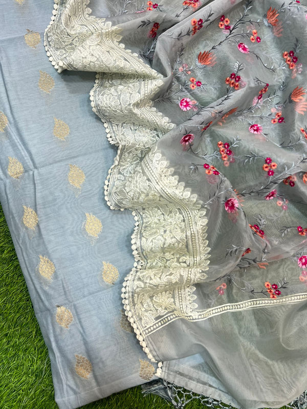 Pure Banarasi Chanderi Unstitched suit with Organza Dupatta