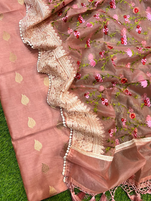 Pure Banarasi Chanderi Unstitched suit with Organza Dupatta