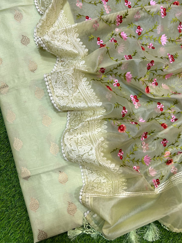 Pure Banarasi Chanderi Unstitched suit with Organza Dupatta